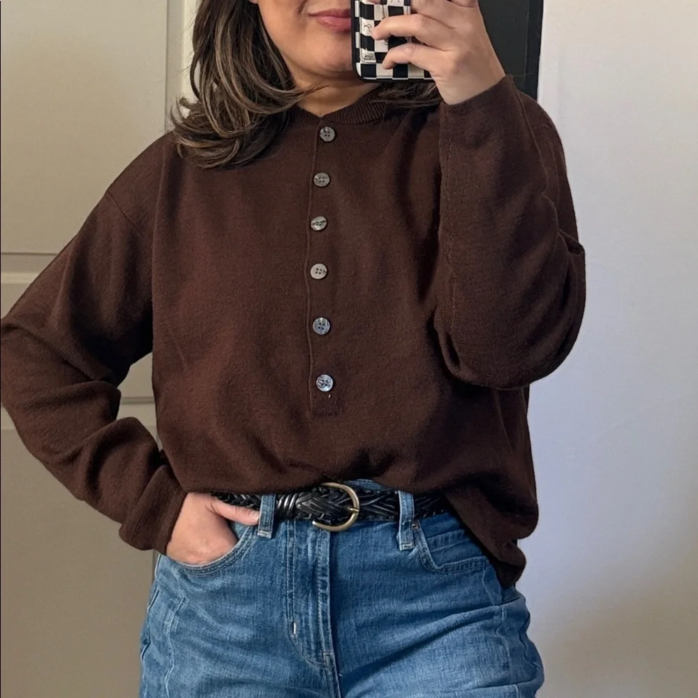Vintage Wool Blend Unisex Henley Sweater Brown. Size M